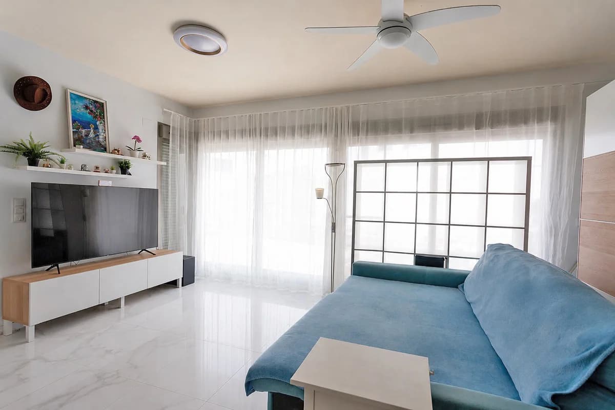 Bright living room with sofa and TV